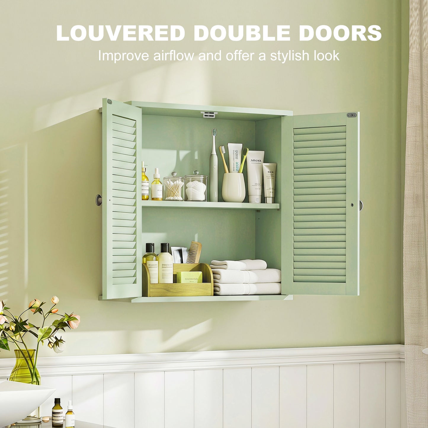 Bathroom Cabinet, Bathroom Wall Cabinet with Louvered Doors and Adjustable Shelf Storage for Kitchen, Light Green