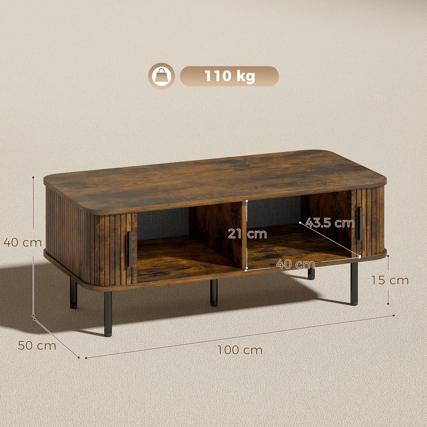 Coffee Table with Storage, Living Room Table with Slatted Tambour Sliding Doors and Adjustable Foot Pads
