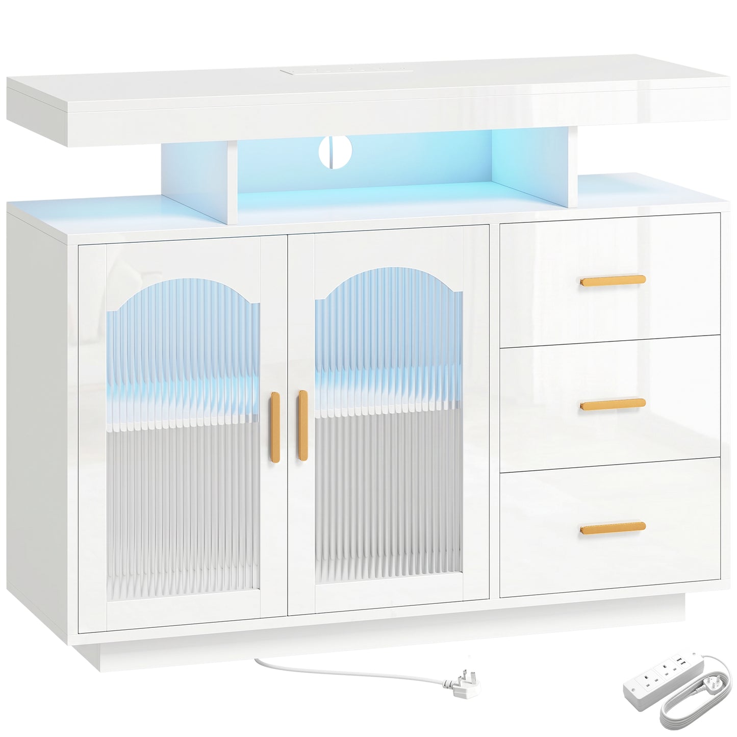 High Gloss Sideboard with LED Lights, Built-in Power Outlets, 3 Drawers, Shelves and 2 Acrylic Doors, White