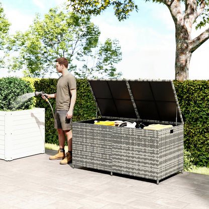 650L Garden Storage Box with 2 Wheels, Rattan Deck Box with Waterproof Zipped Liner, Safe Pneumatic Rods, Mixed Grey