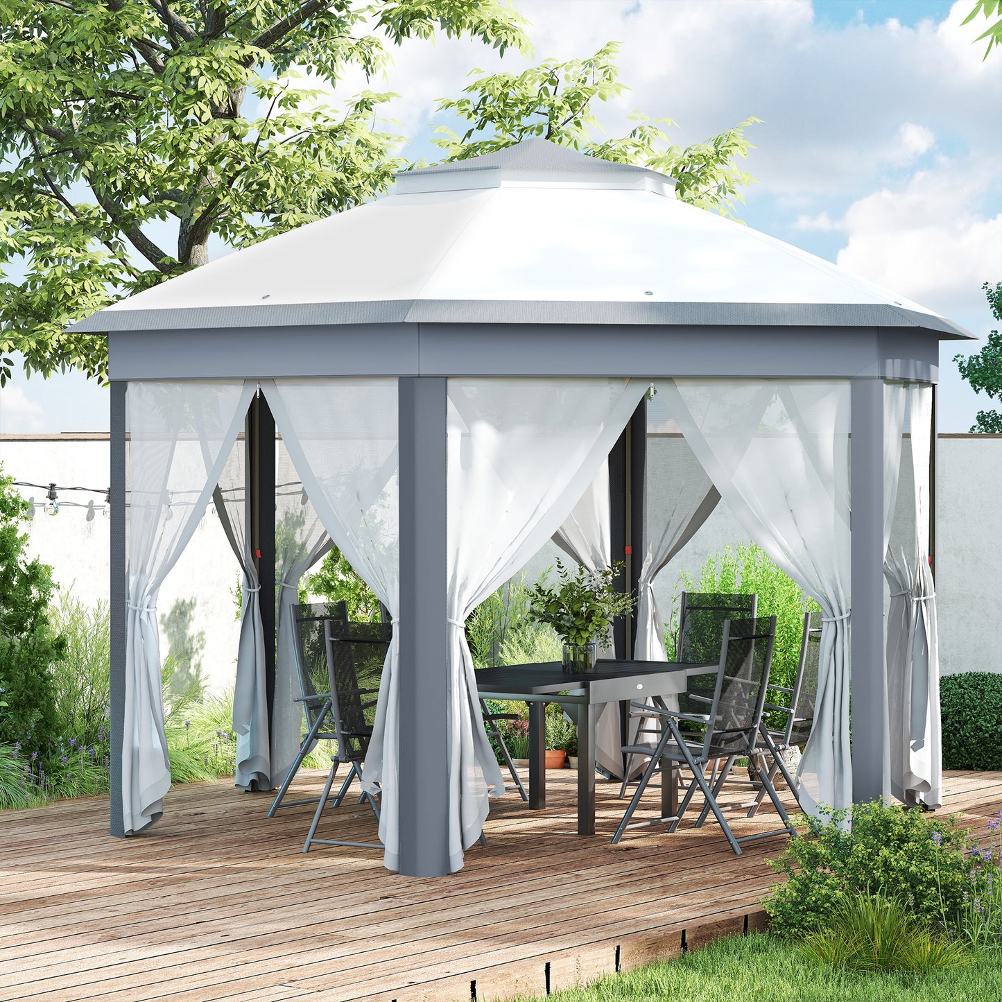 3 x 4m Metal Frame Hexagon Gazebo with UV-resistance Roof and Mesh Curtains - Grey