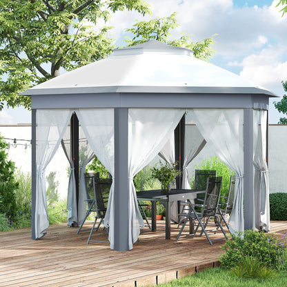 3 x 4m Metal Frame Hexagon Gazebo with UV-resistance Roof and Mesh Curtains - Grey
