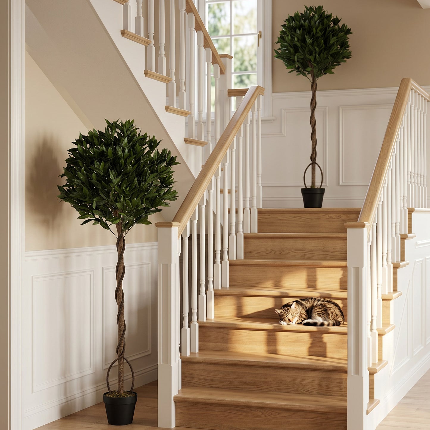 Realistic Lush Topiary Ball Tree, Artificial Bay Laurel Topiary Trees with Weighted Pot, Set of 2, Green