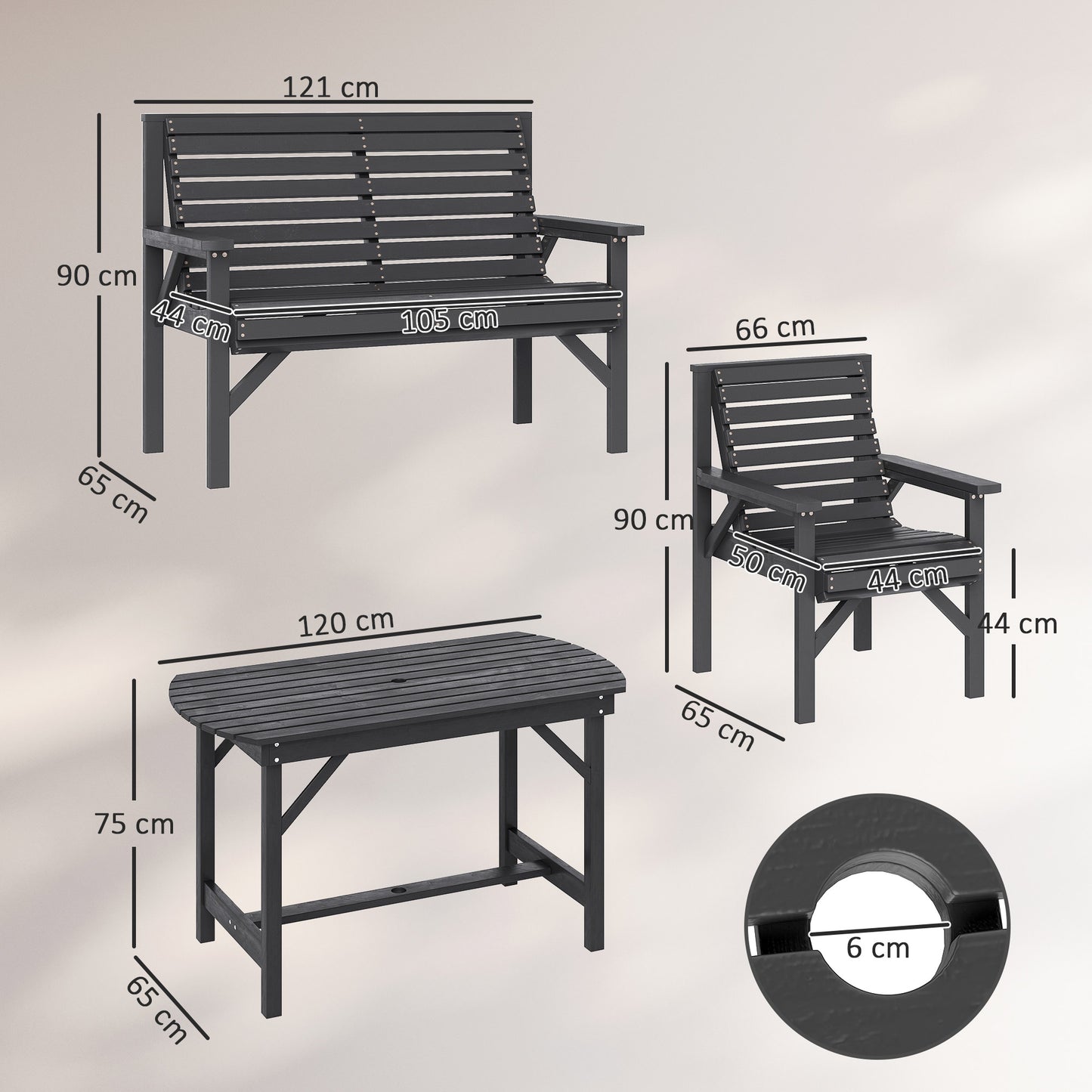 5 Piece Wooden Garden Dining Set for 6, Outdoor Conversation Set with 2 Armchairs, 2 Loveseats and Dining Table