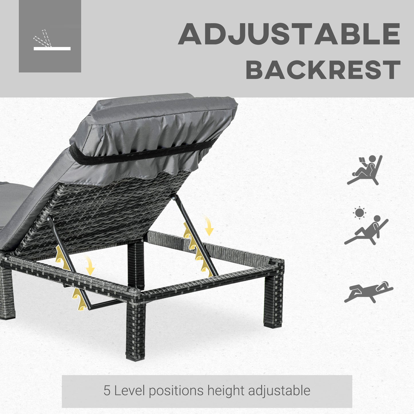Rattan Sun Lounger, 5-Level Adjustable Garden Lounger Recliner with Cushion and Headrest, Outdoor Reclining Sunbed
