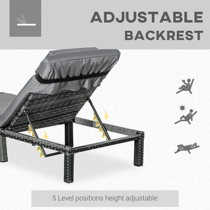 Rattan Sun Lounger, 5-Level Adjustable Garden Lounger Recliner with Cushion and Headrest, Outdoor Reclining Sunbed