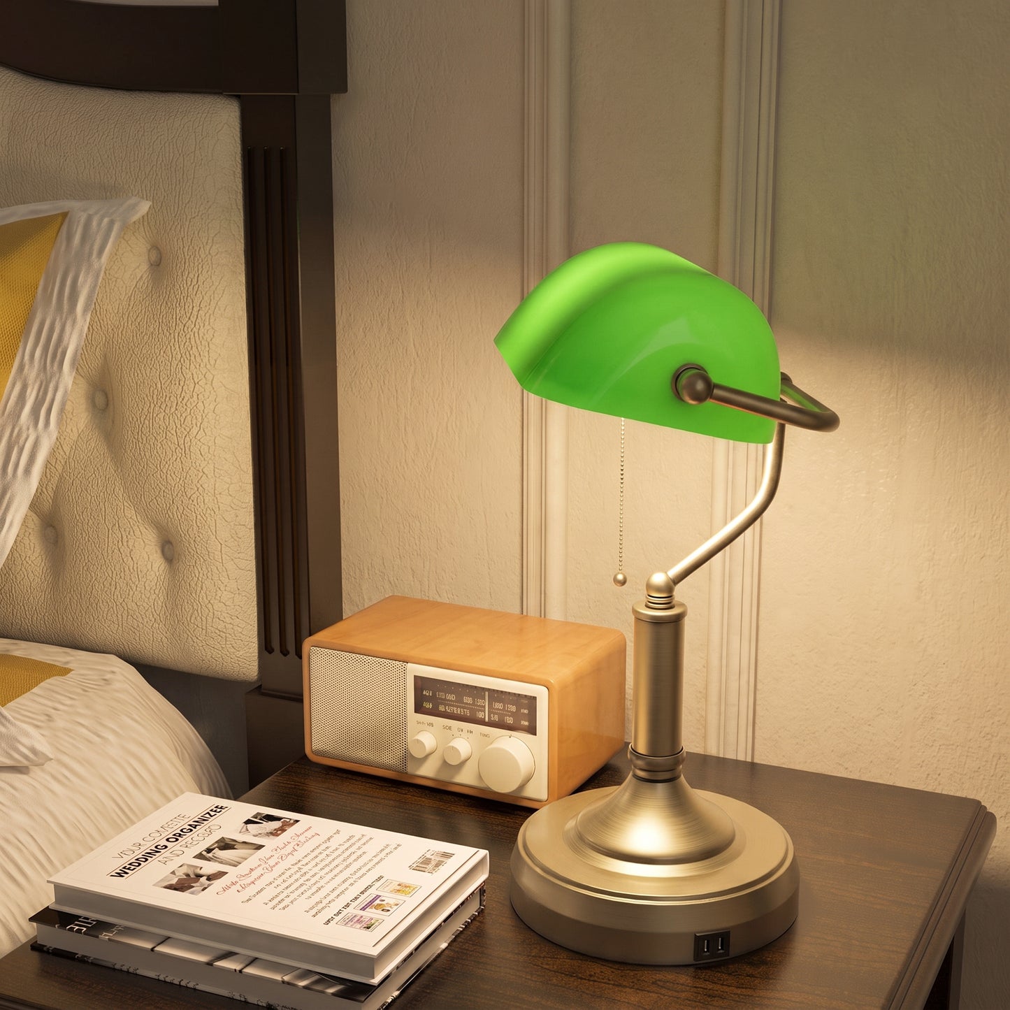 Desk Lamp with USB Ports, Banker's Table Lamp Desk Lamp with Vintage Bronze Tone Base and Pull Rope Switch, Green