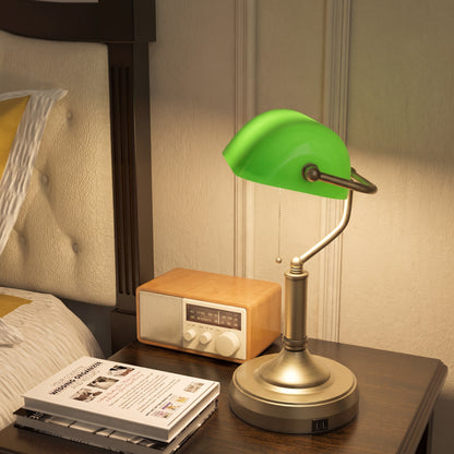 Desk Lamp with USB Ports, Banker's Table Lamp Desk Lamp with Vintage Bronze Tone Base and Pull Rope Switch, Green
