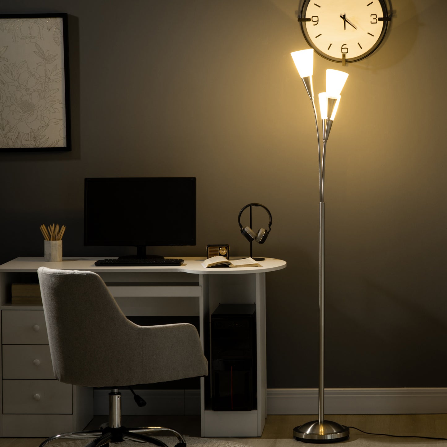 Modern Standing Lamp, 3-Light Upright Floor Lamps for Living Room, Silver Tone