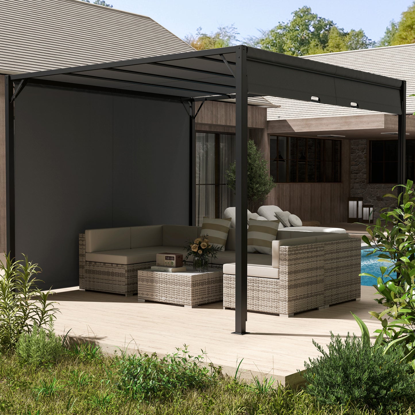 3 X 3 Meters Pergola with Sliding Roof, Garden Gazebo with Adjustable Sun Shade Canopy and Steel Frame, Charcoal Grey