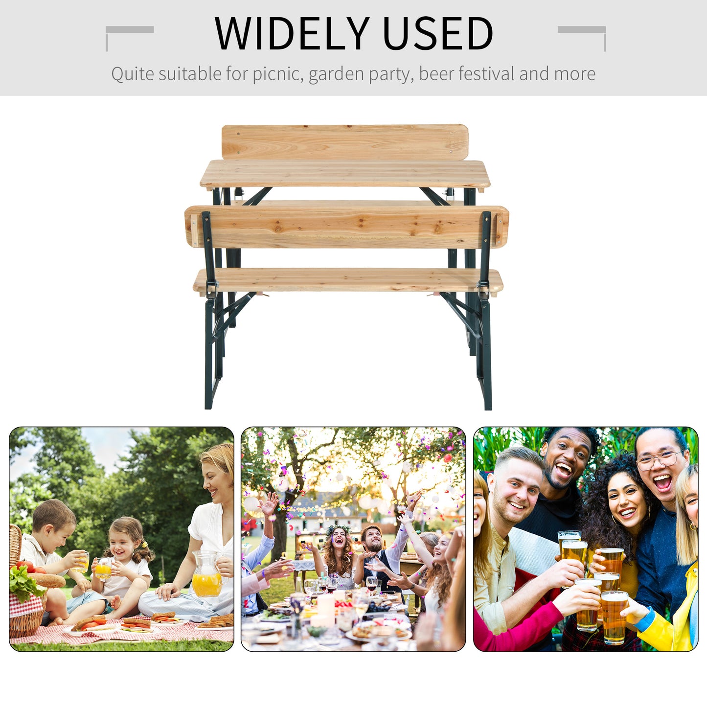 Portable Folding Camping Picnic Trestle Beer Table and 2 Bench Set Wooden Garden Furniture Patio Dining Party BBQ Chairs Stoo