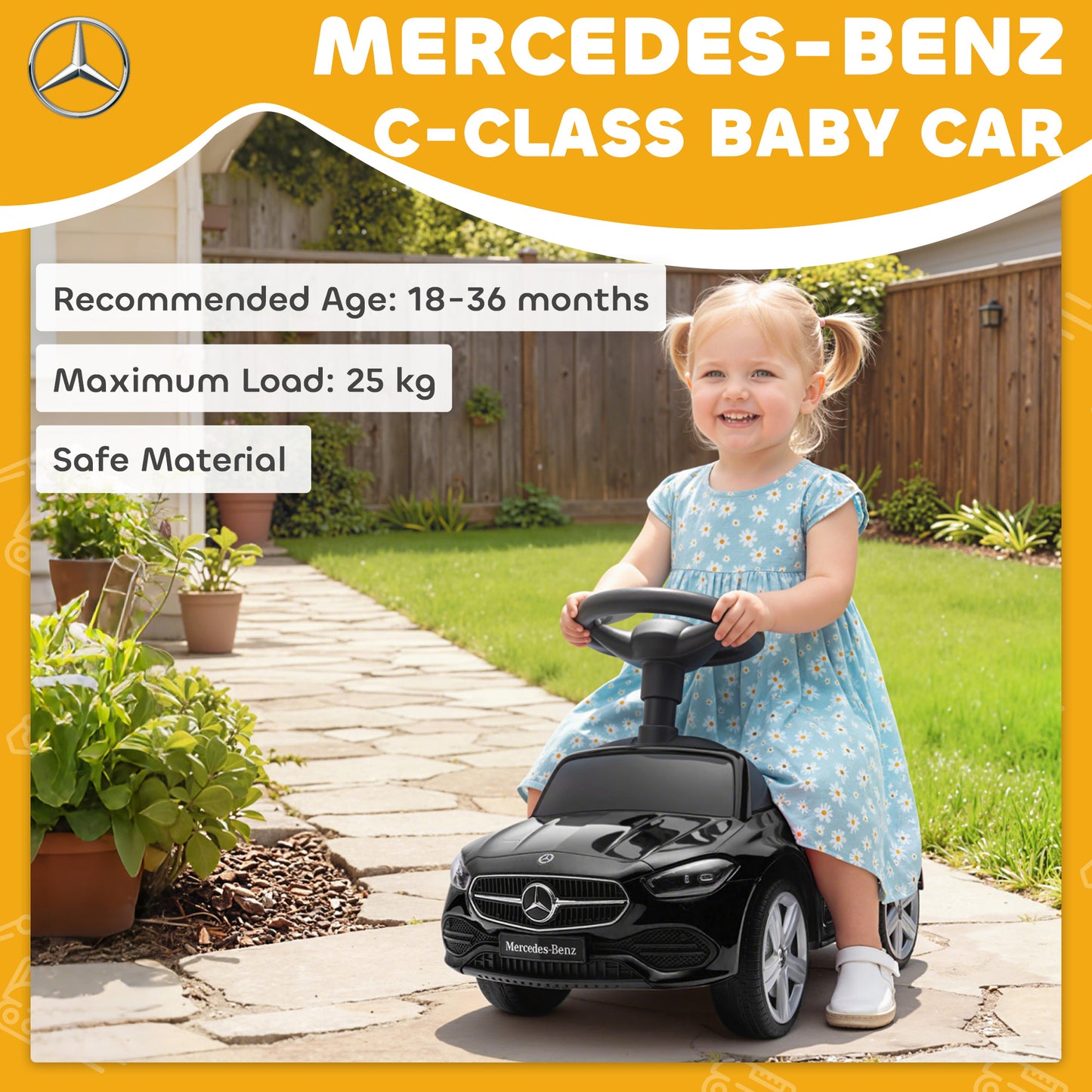 Official Mercedes-Benz Ride On Car, Foot to Floor Sliding Walker with Horn, Engine Sounds and Under-Seat Storage, Black
