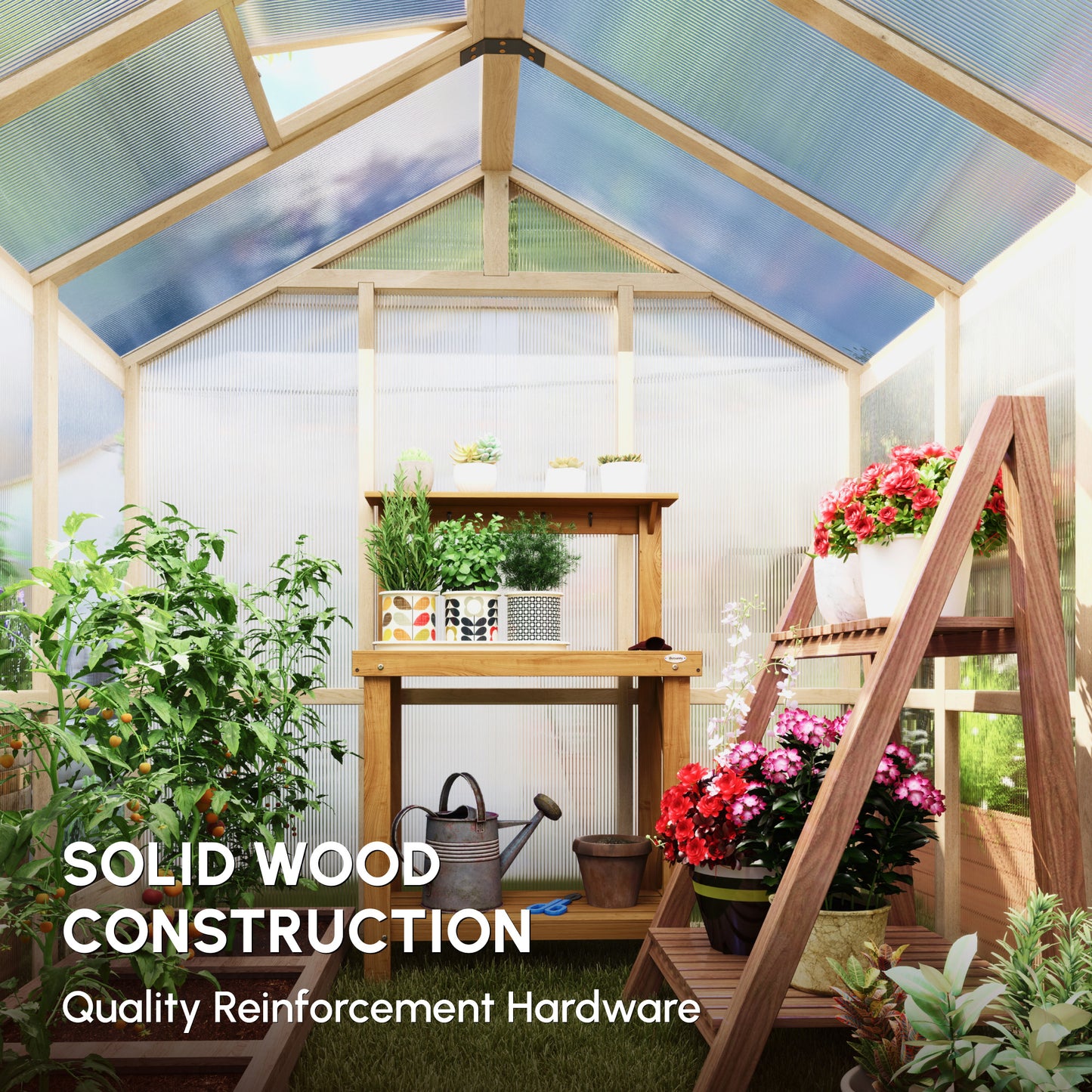 6.6 x 6ft Polycarbonate Greenhouse, Walk-in Wooden Greenhouse with Lockable Door and Window, Garden Plants Grow House, Brown