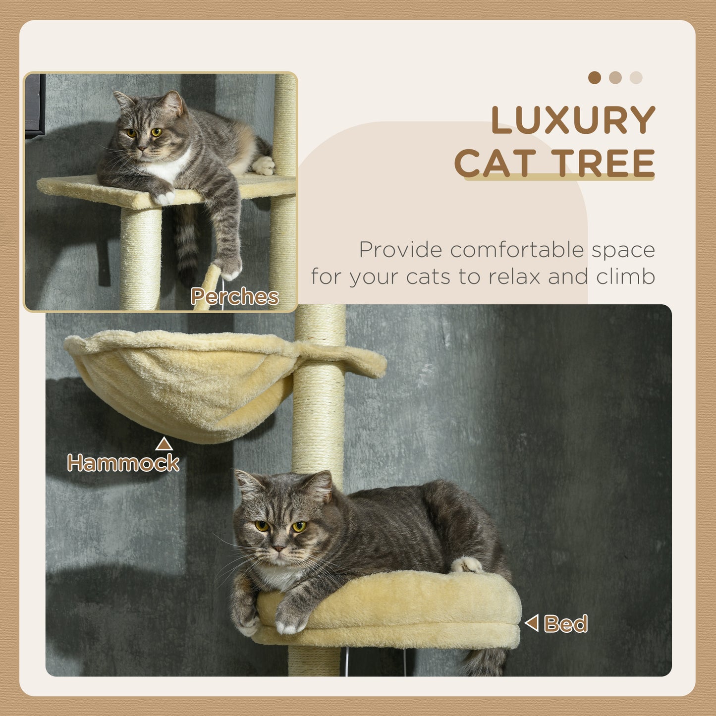 230-250cm Floor-to-Ceiling Climbing Cat Tree Tower - Beige