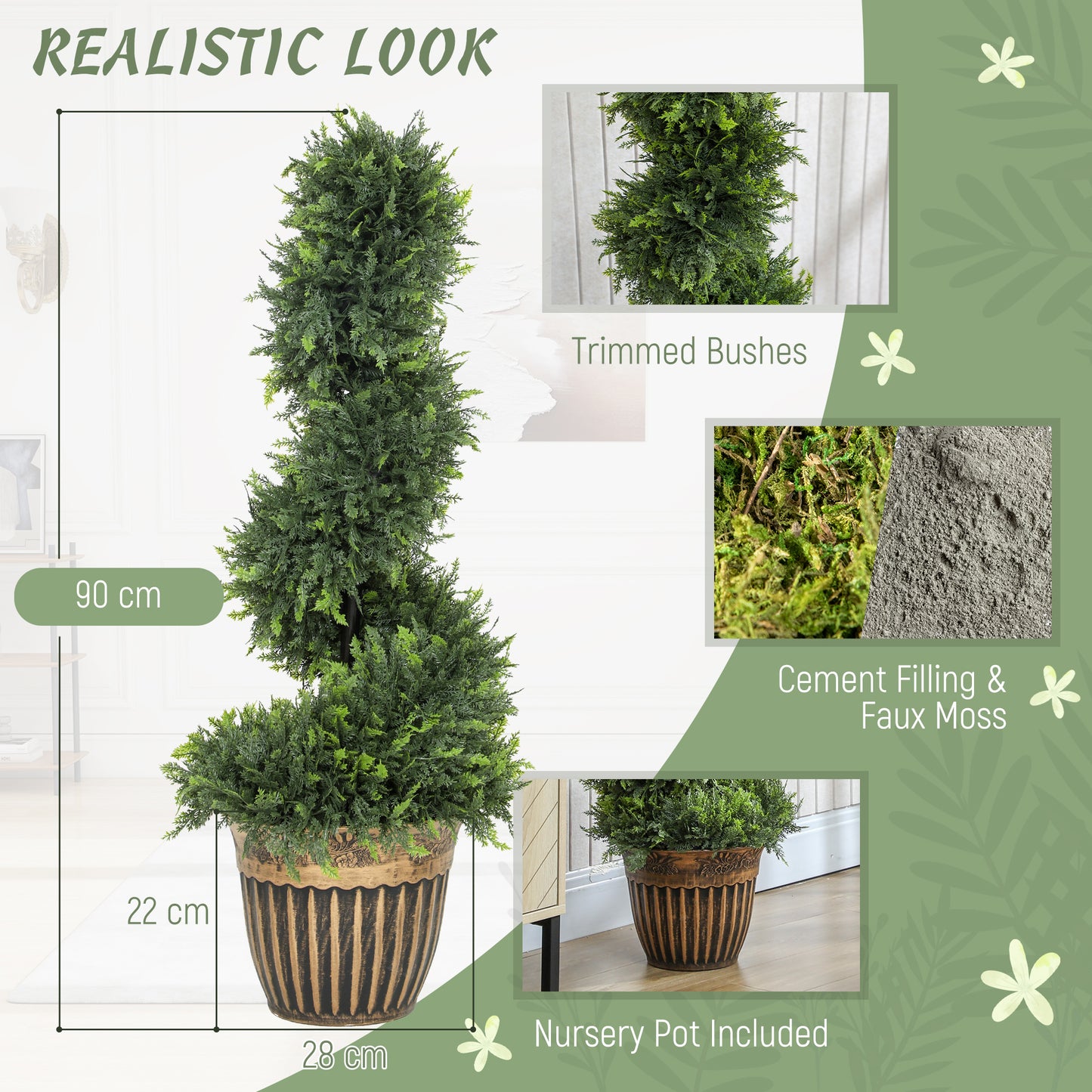 Set of 2 Artificial Plants, Topiary Spiral Boxwood Cypress Trees with Pot, for Home Indoor Outdoor Decor, 90cm