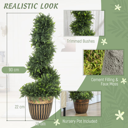 Set of 2 Artificial Plants, Topiary Spiral Boxwood Cypress Trees with Pot, for Home Indoor Outdoor Decor, 90cm