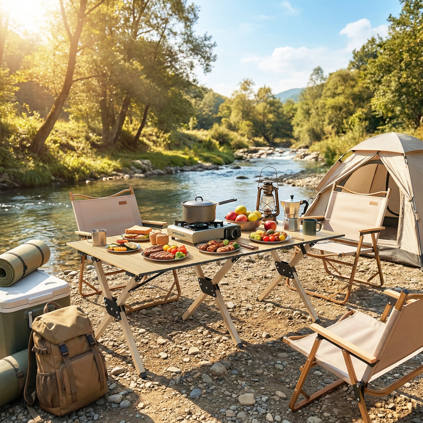 4ft Folding Camping Table, Waterproof Picnic Table with Roll Up Top, Carrying Bag and Metal Frame, Dark Brown