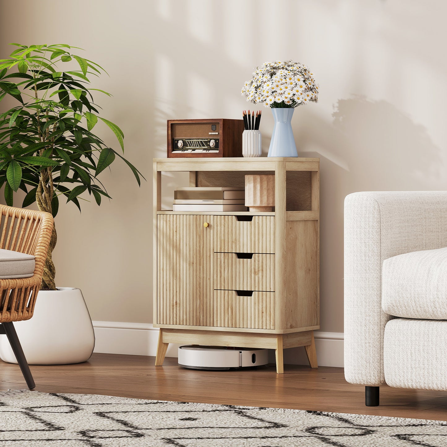 Small Sideboard with Drawers and Adjustable Shelf - Nature Wood Finish