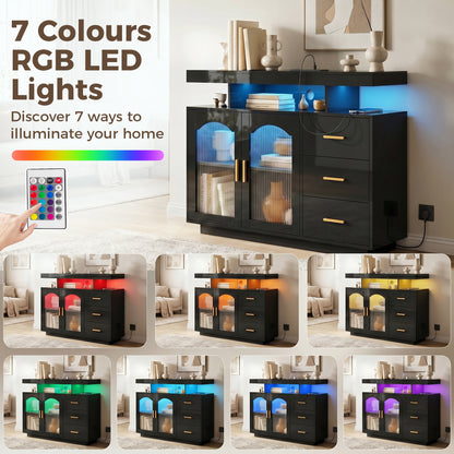 High Gloss Sideboard with LED Lights, Built-in Power Outlets, 3 Drawers, Shelves and 2 Acrylic Doors, Black