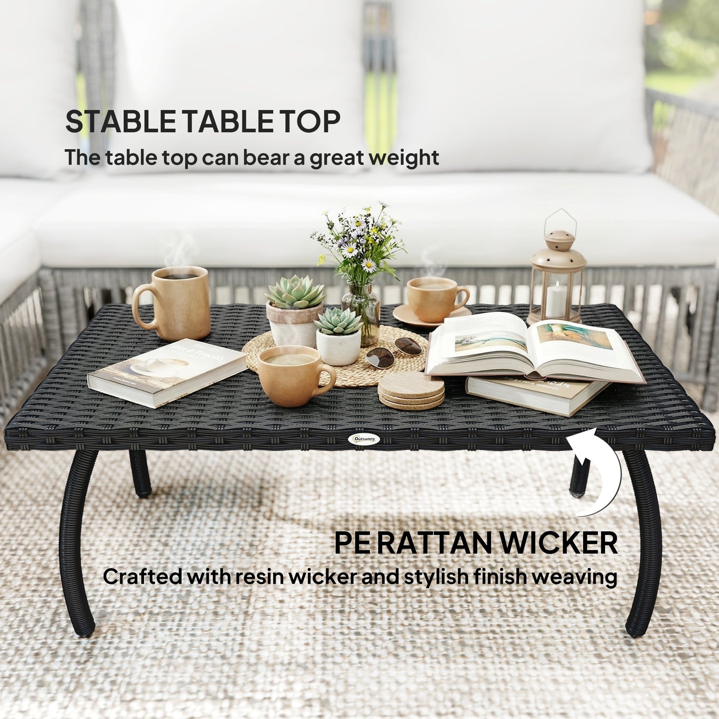 PE Wicker Rattan Garden Coffee Table - Black