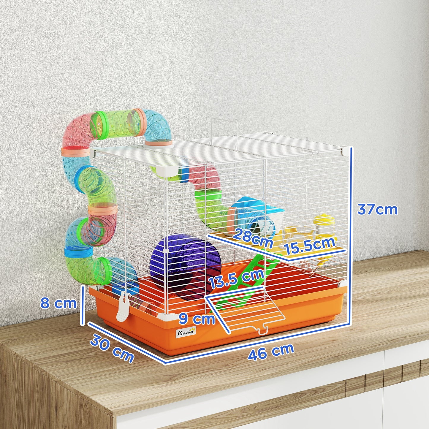 2 Tier Hamster Cage, Gerbil Cage with Handle, Exercise Wheels, Tunnel, Water Bottle, Dishes, Ladder, for Dwarf
