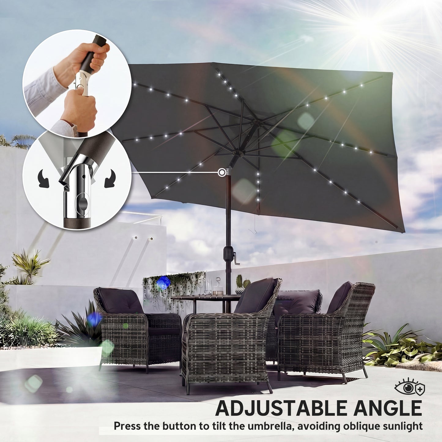 3 x 2 m Garden Parasol Umbrella with LED Solar Light, Parasol Cover, Outdoor Market Patio Umbrella, Black