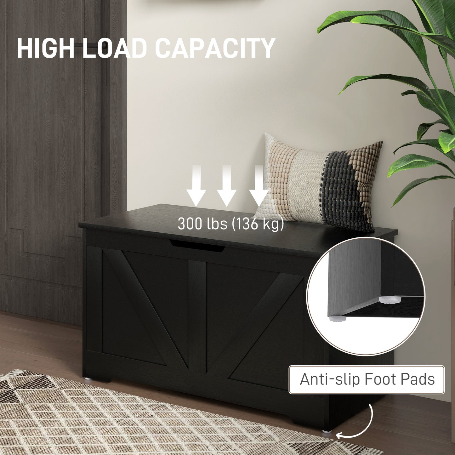 100L Home Storage Box, with Safety Hinge - Black Wood-Effect