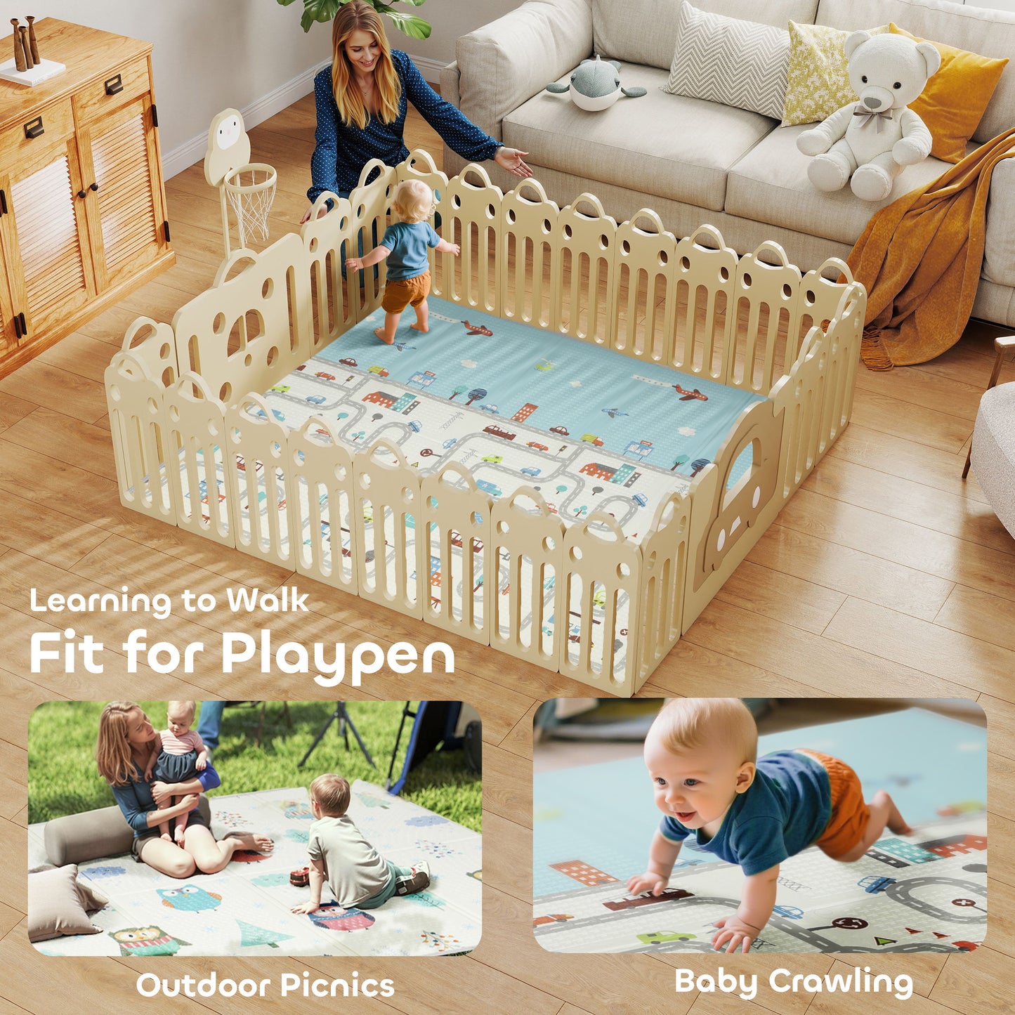 Foldable Baby Plat Mat Double Sided, Kids Floor Mat for Crawling, 200L x 150W cm, Car track and Owl Theme
