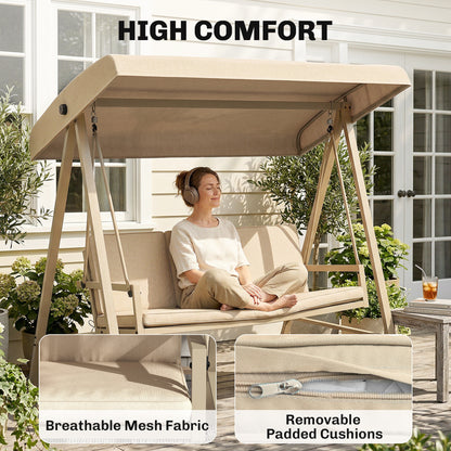 Three-Seat Garden Swing Chair, with Adjustable Canopy - Beige