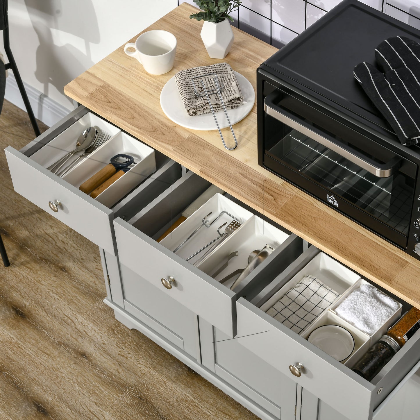Sideboard with Rubberwood Top and Independent Storage Shelves for Dining Room, Kitchen - Grey