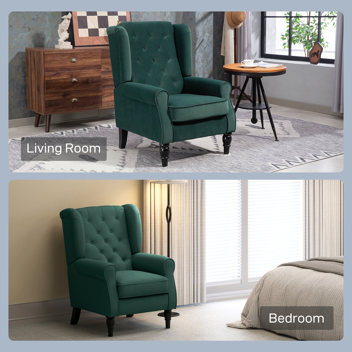 Wingback Accent Chair, Retro Upholstered Button Tufted Occasional Chair for Living Room and Bedroom, Green