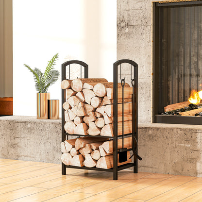 Metal Firewood Log Holder 2 Layer Firewood Rack Indoor Outdoor Fireplace Wood Storage Shelf with 4 Tools and Hooks, Black