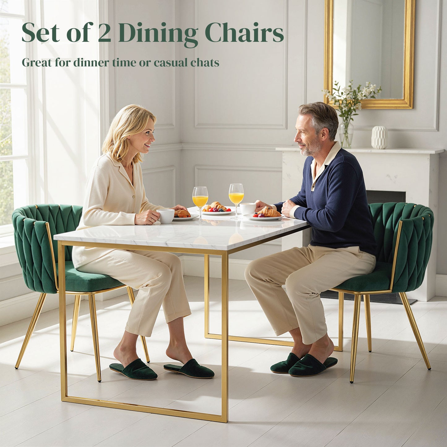 Velvet-Feel Dining Chairs Set of 2, Modern Upholstered Armchair with Knot Design and Golden Metal Legs
