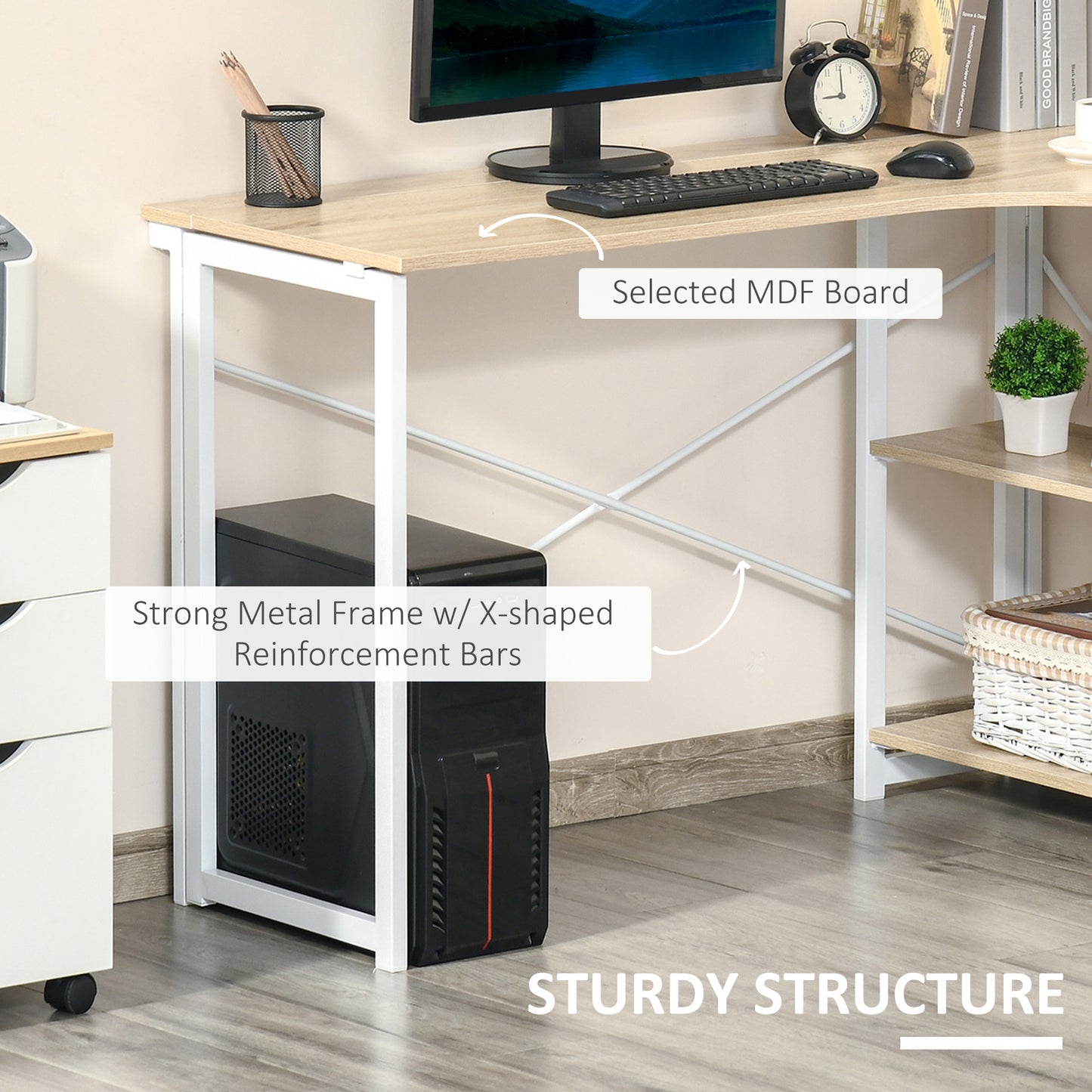 Folding Desk, L Shaped Desk, Corner Computer Desk with 2-Tier Storage Shelf for Home Office, Study Room, Workstation