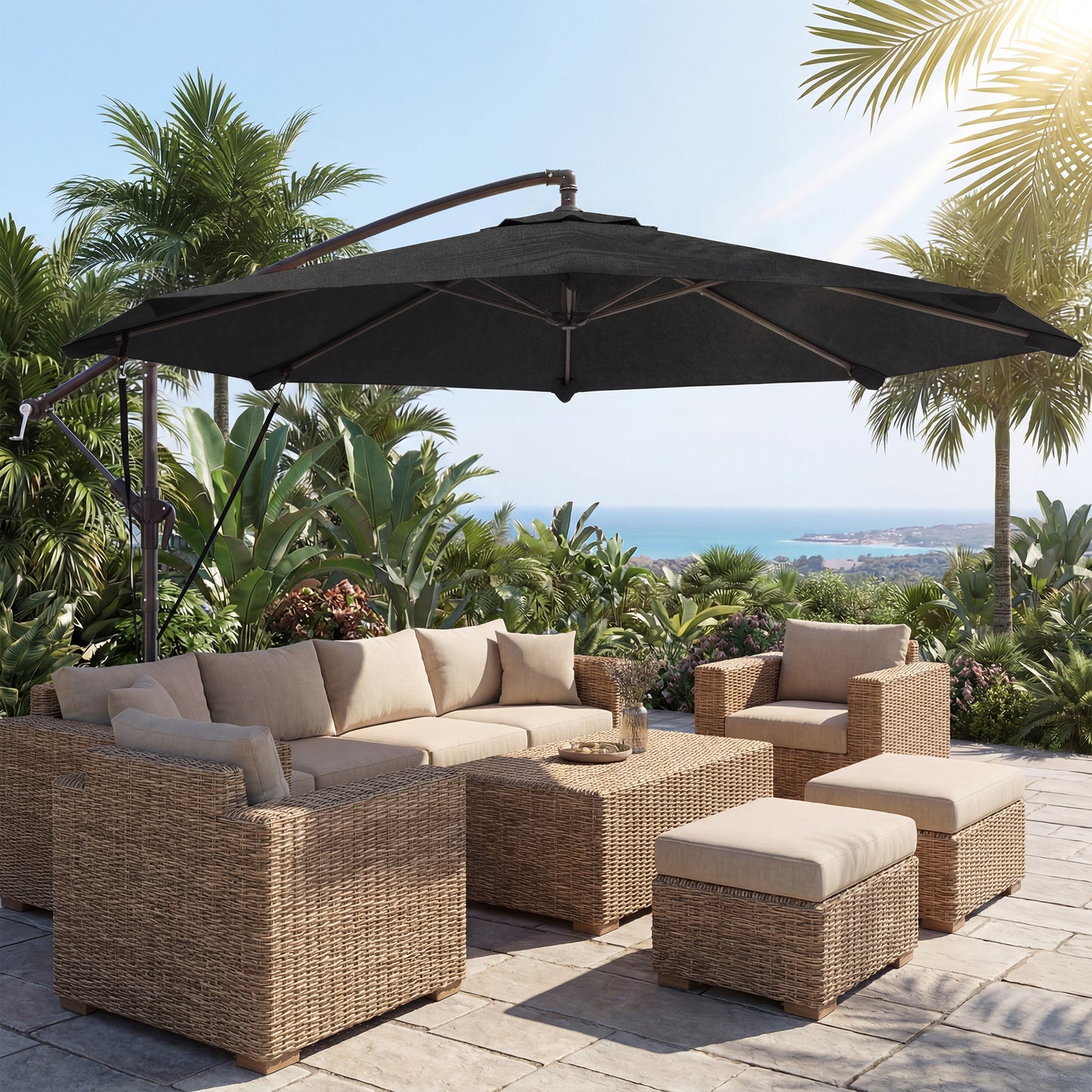 3 m Cantilever Parasol with Protective Cover and Wind Ropes, Banana Parasol with Crank Handle, Black