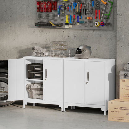 Lockable Metal Filing Cabinet, 2-Tier Storage Cupboard with Double Doors, Modern Office Organiser, White