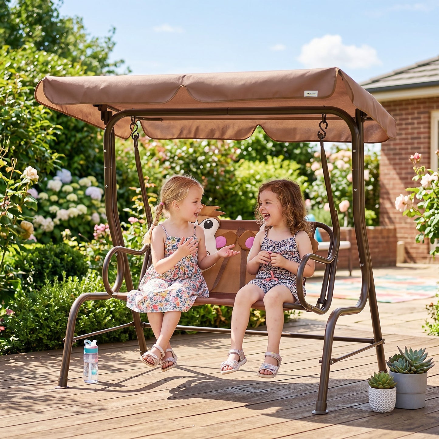 2 Seater Kids Garden Swing Seat, Children Outdoor Patio Lounge Chair for Gardens w/ Adjustable Awning, Seatbelt