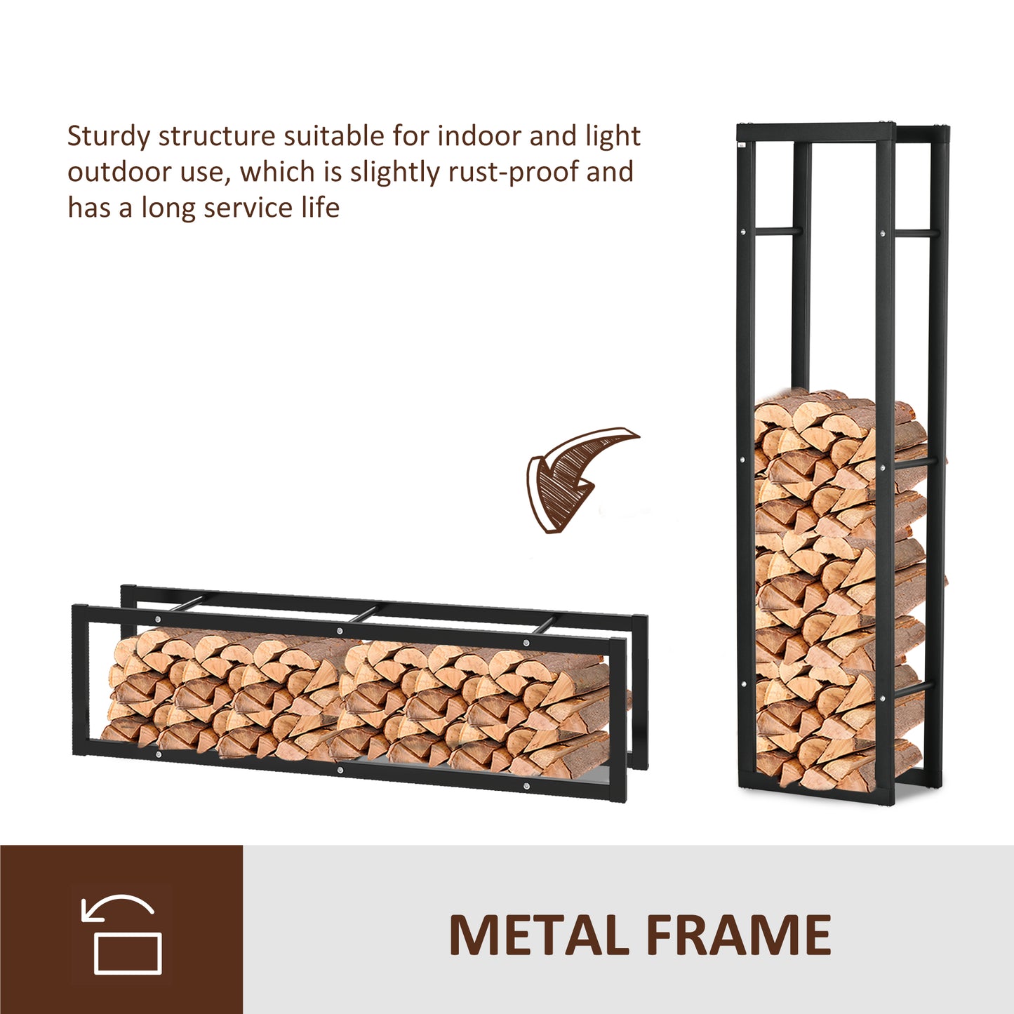 Metal Firewood Log Holder Tall Firewood Rack Indoor Outdoor Fireplace Wood Storage Shelf with Side Rails, Rust-Resistant