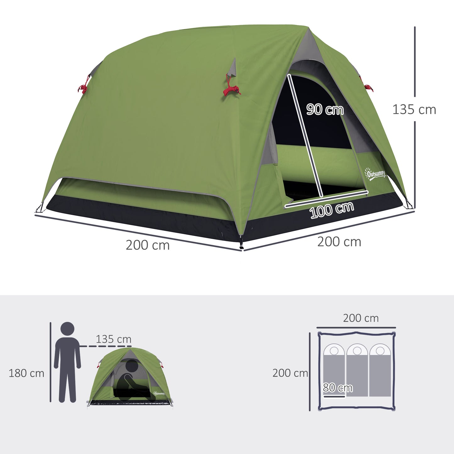 3-4 Person Camping Tent, Easy Set Up Waterproof Dome Tent with Sewn-in Groundsheet, Mesh Windows