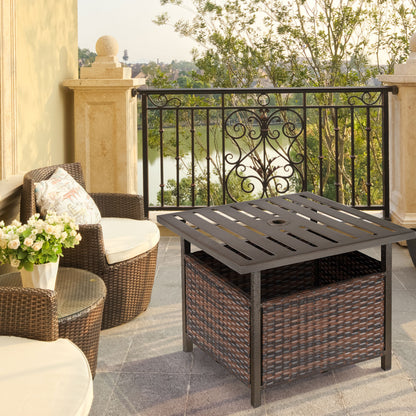 Rattan Garden Coffee Table, 55.5 cm Square Wicker Patio Side Coffee Table with 4 cm Umbrella Hole