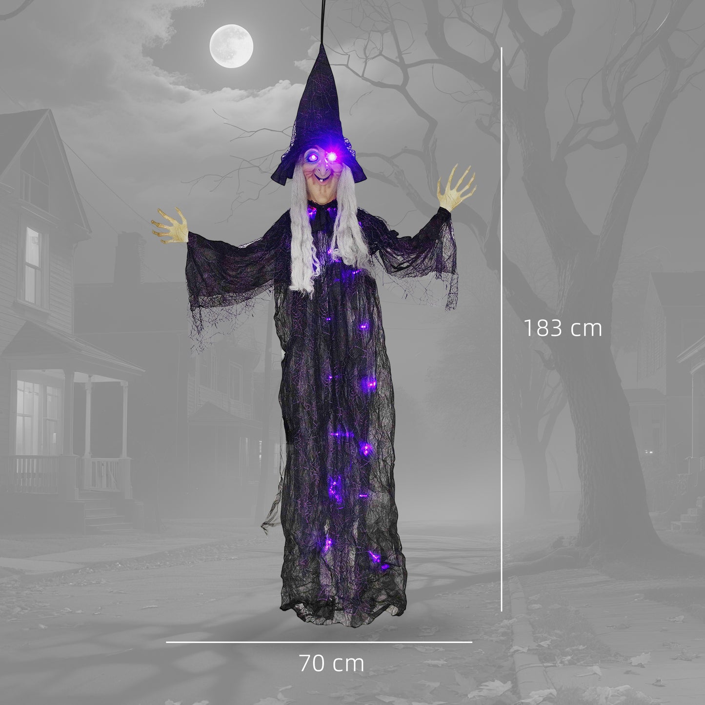 183 cm Life Size Halloween Animated Hanging Witch with Glowing LED Eyes & Body, Spooky Witch Scary Halloween Decorations