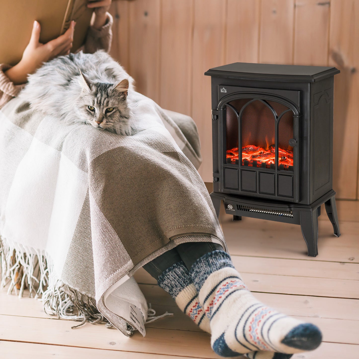 Freestanding Electric Fireplace, Electric Stove Heater with LED Flame Effect, Overheating Safety System, 1000W/2000W Black