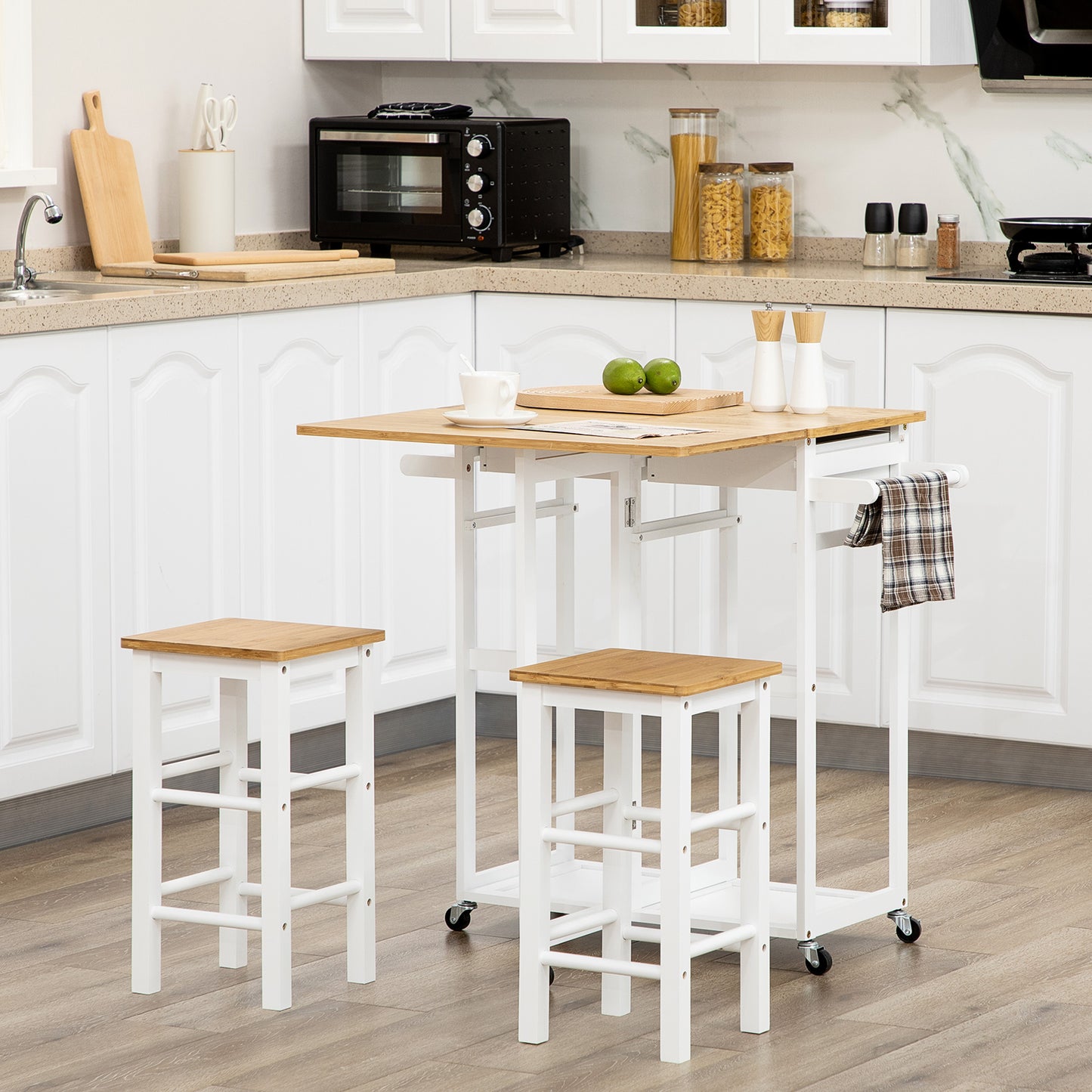 Kitchen Island Set with 2 Stools, Bamboo Breakfast Cart with Drop Leaf Top, Drawers and Towel Rack