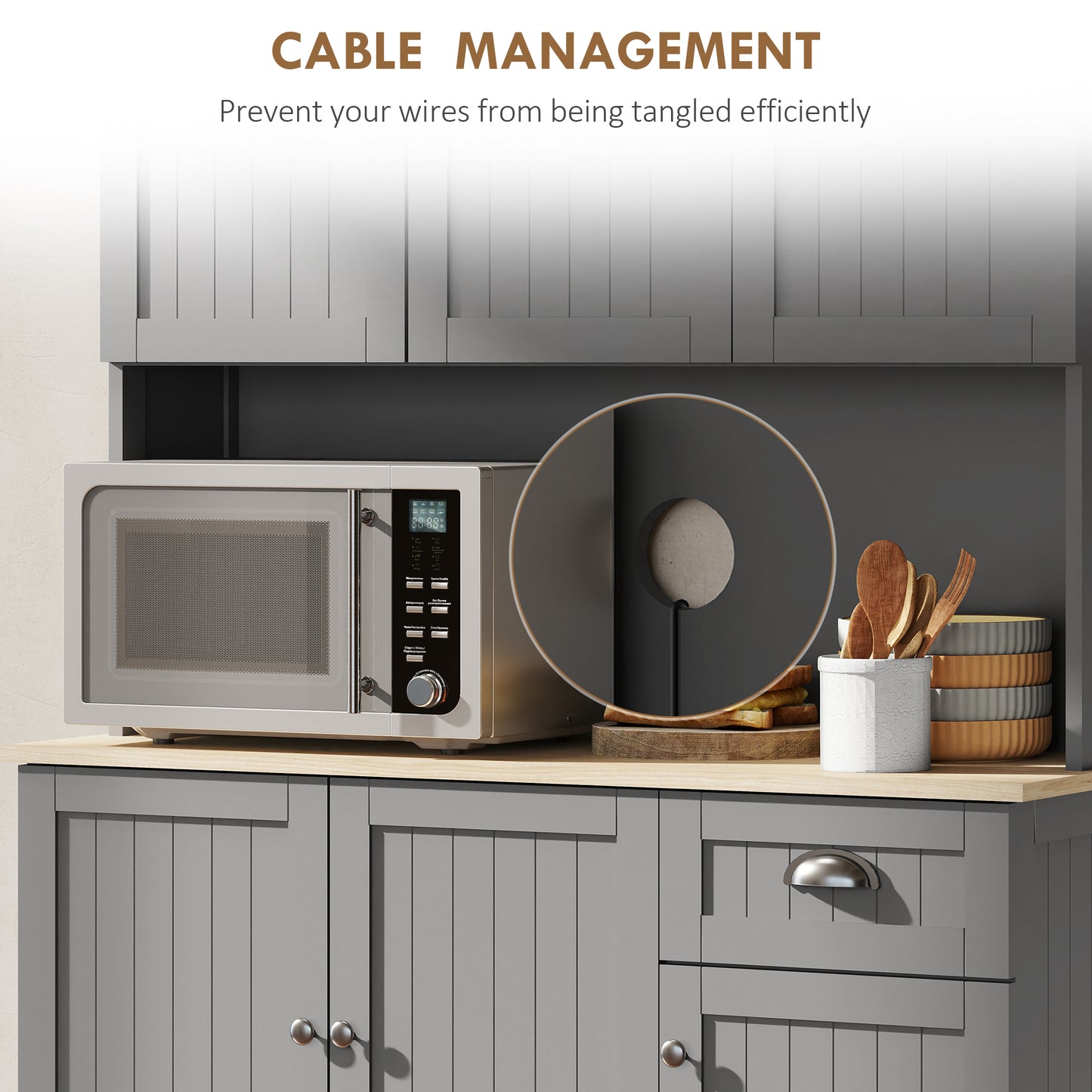 180cm Freestanding Kitchen Cabinet, Modern Storage Cupboard with Open Countertop, Drawer and 6 Doors, Grey