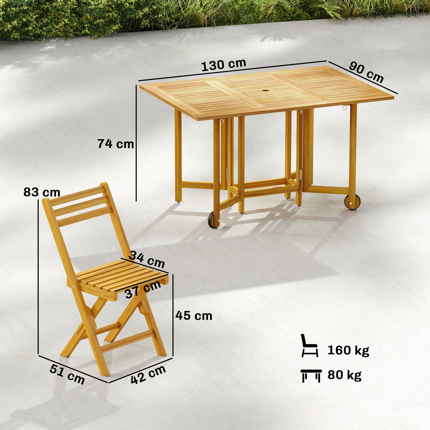7 Pieces Garden Dining Set, Extending Dining Table and 6 Folding Chairs with Umbrella Hole for Patio, Natural Wood