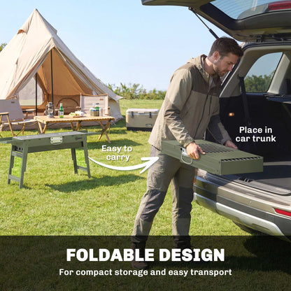 Portable BBQ Grill, Foldable Charcoal Grill for Camping and Picnics with 2 Side Shelves and Handle, Green