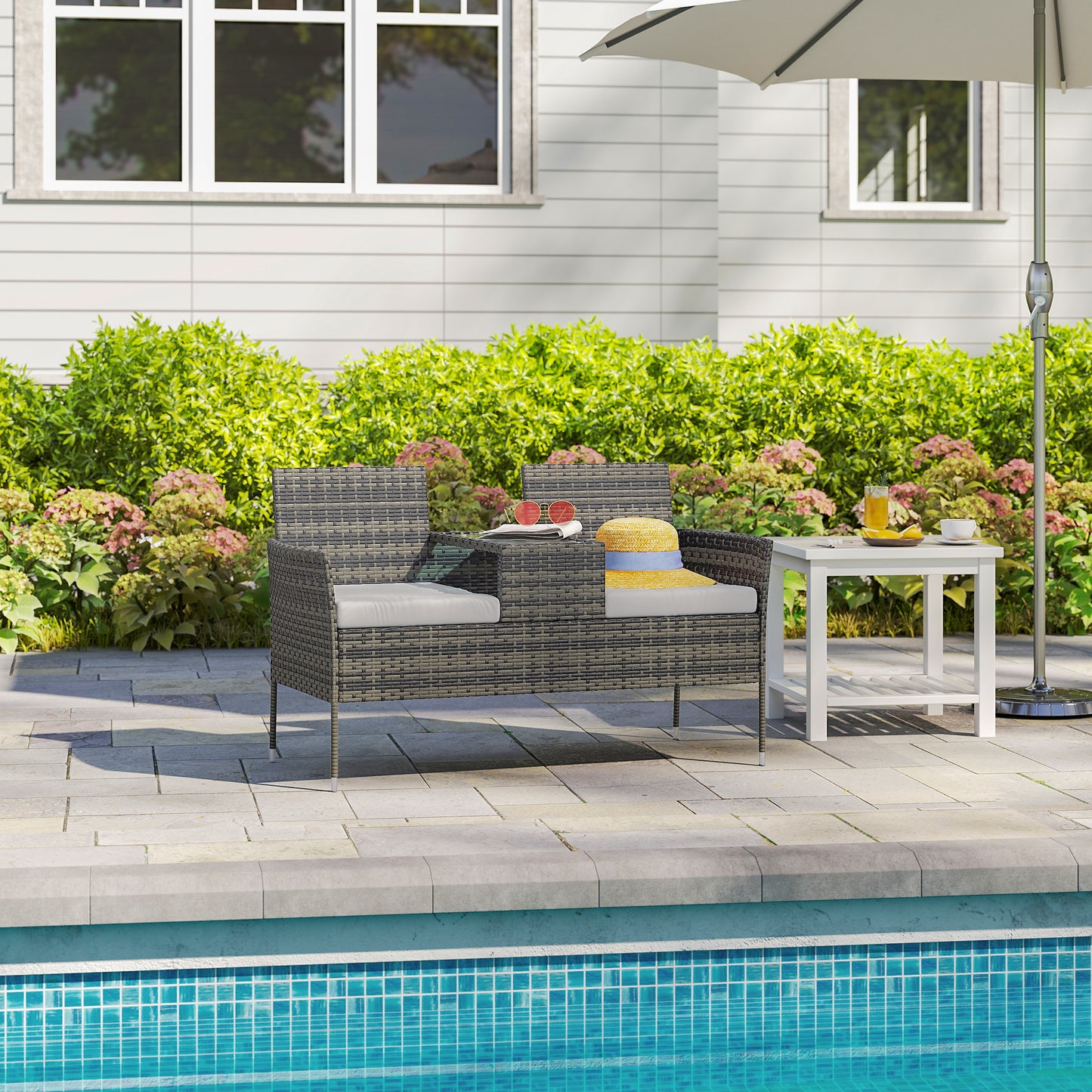 Two-Seat Rattan Chair, with Middle Table - Charcoal Grey
