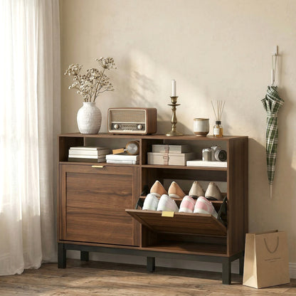 Shoe Cabinet with 2 Flip Drawers, Narrow Shoe Storage Top for Entryway Hallway, Rustic Brown