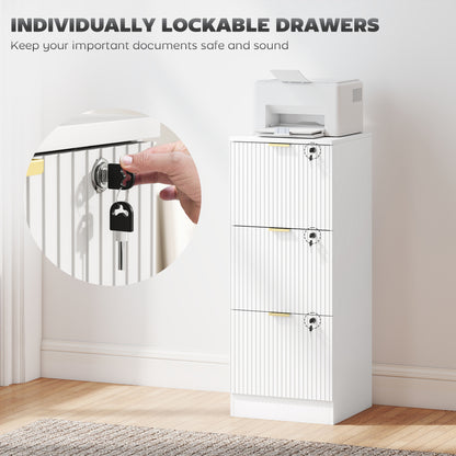 Filing Cabinet, Fluted Vertical File Cabinet with 3 Lockable Drawers and Hanging Rails, White
