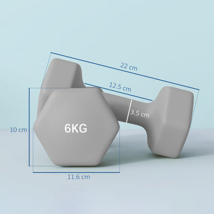 2 x 6kg Hexagonal Dumbbells Weights Set with Non-Slip Grip for Home Gym Workout, Grey